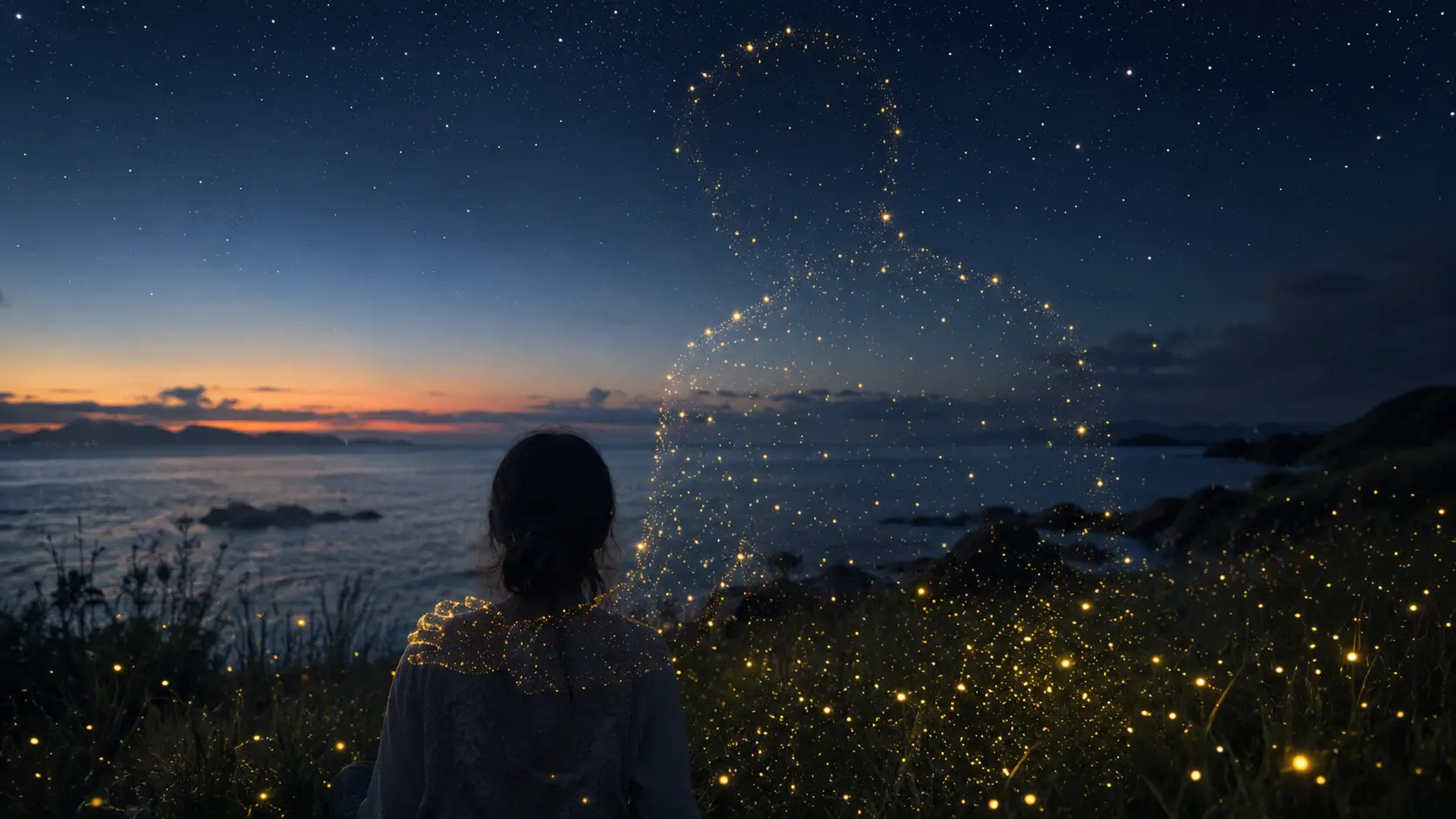 Quiet shoreline at twilight with rising fireflies and stars