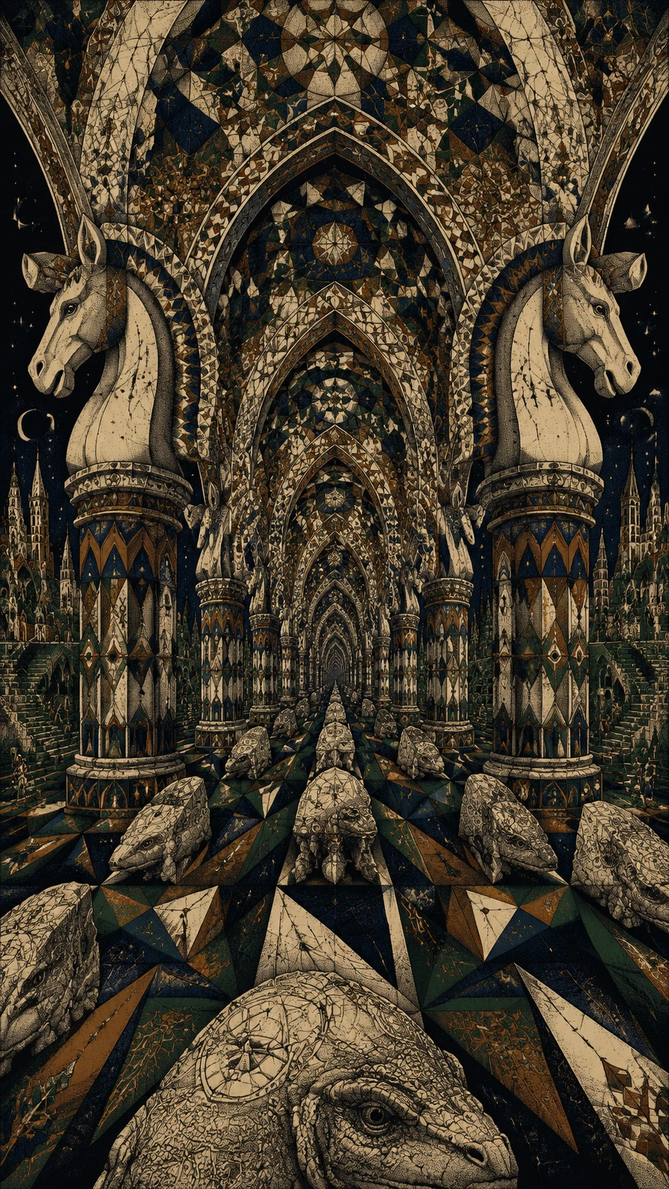 Catedral gótica surreal con interminables senderos triangulares de piedra