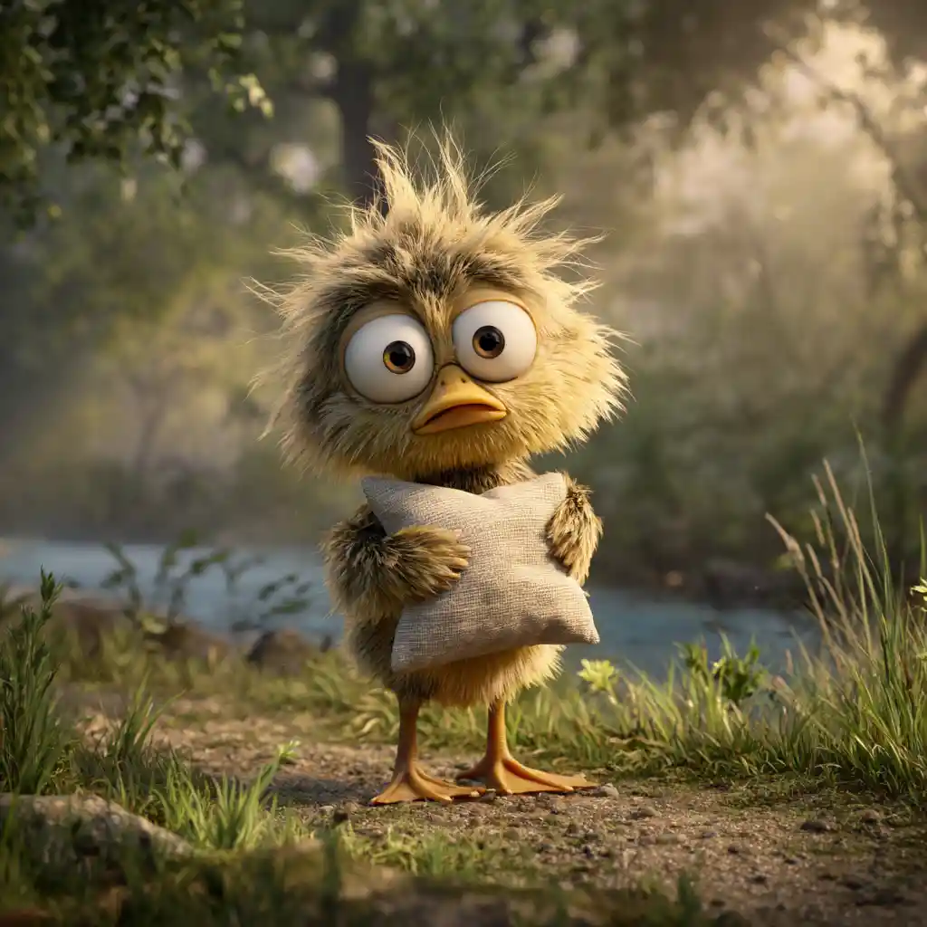Cute 3D duckling hugging a pillow in forest sunlight