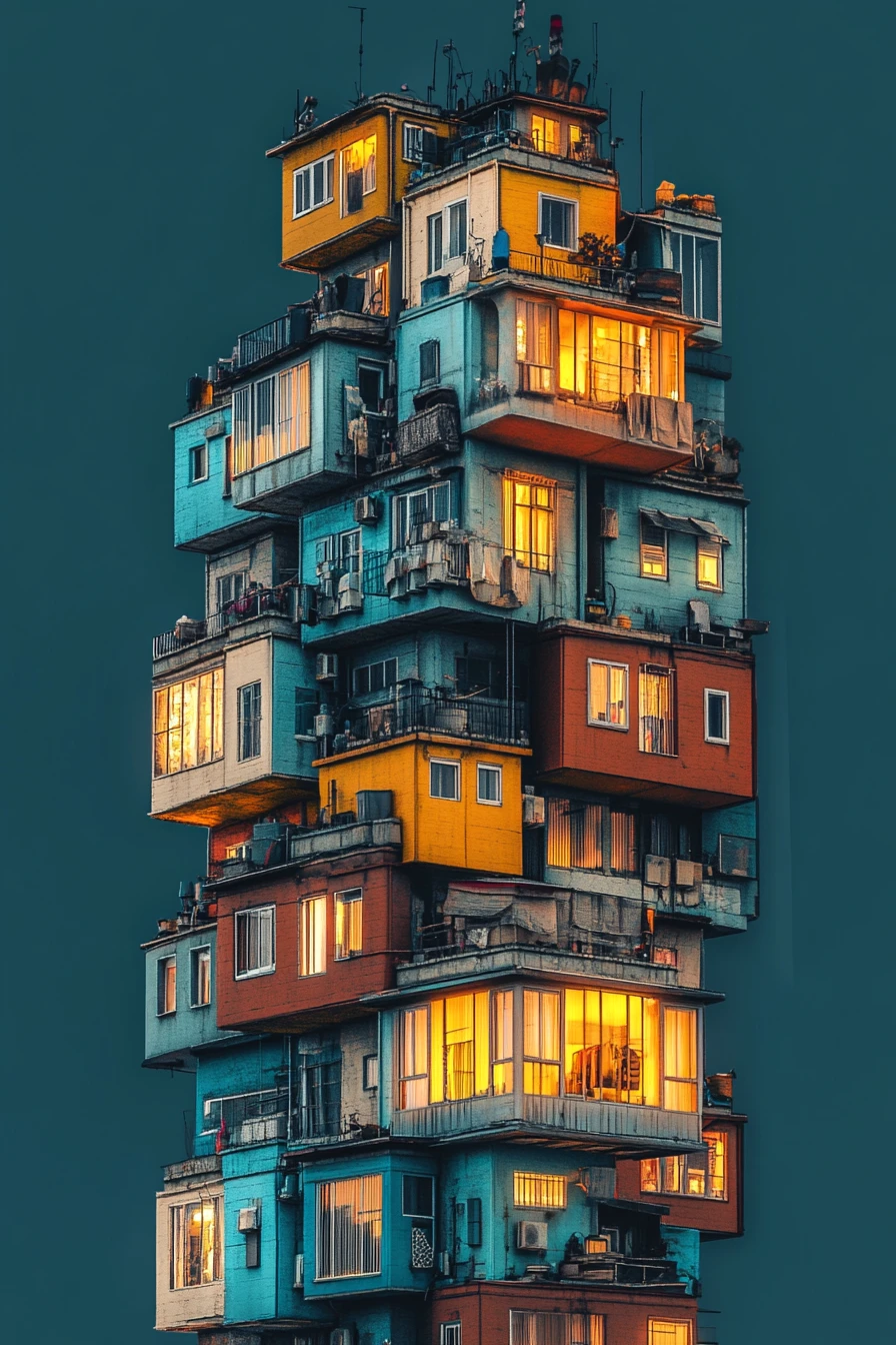Torre de apartamentos colorida que brilla con cálidas ventanas al atardecer