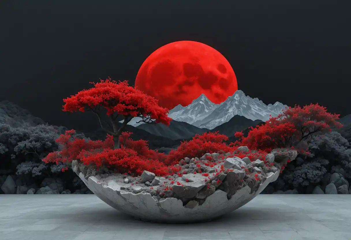 Minimalist red and white ceramic forms on black background
