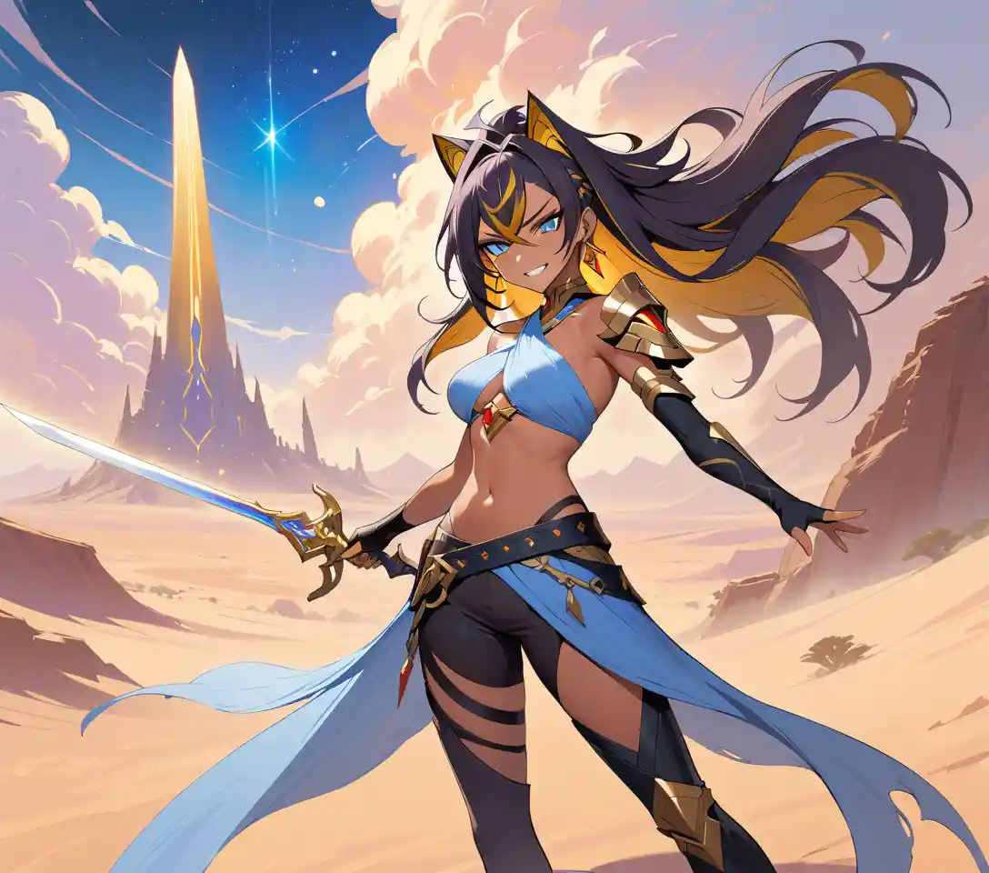 Dark skinned warrior woman with sword in a bright desert