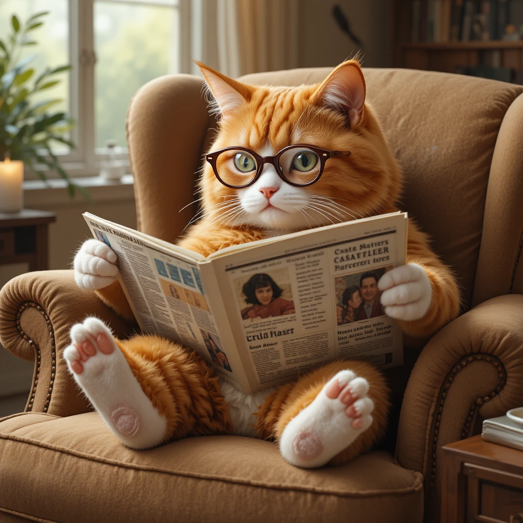 Mollige orangefarbene Katze liest eine winzige Zeitung im Sessel