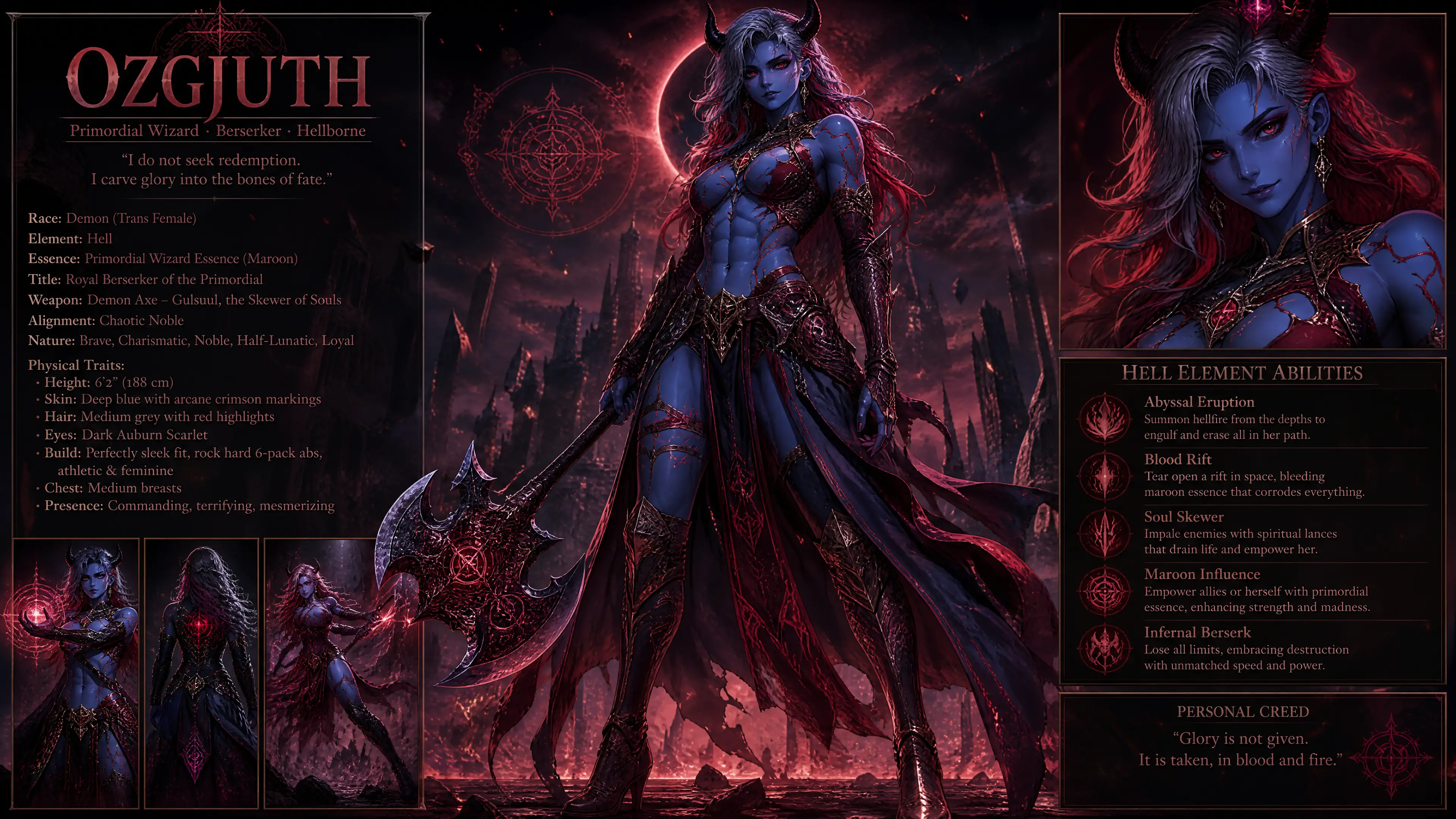 Hechicera demonio azul con armadura real y hacha de batalla