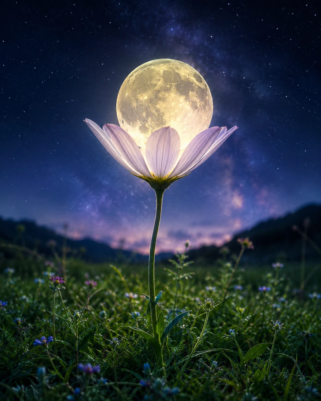 Flor Brillante en un Prado a la Luz de la Luna bajo el Cielo Nocturno