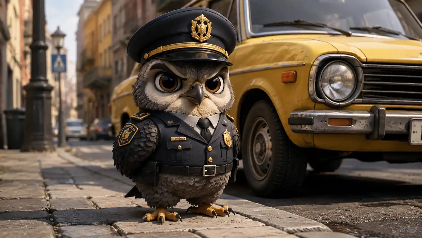 Pájaro policía de dibujo animado junto a un coche amarillo de calle