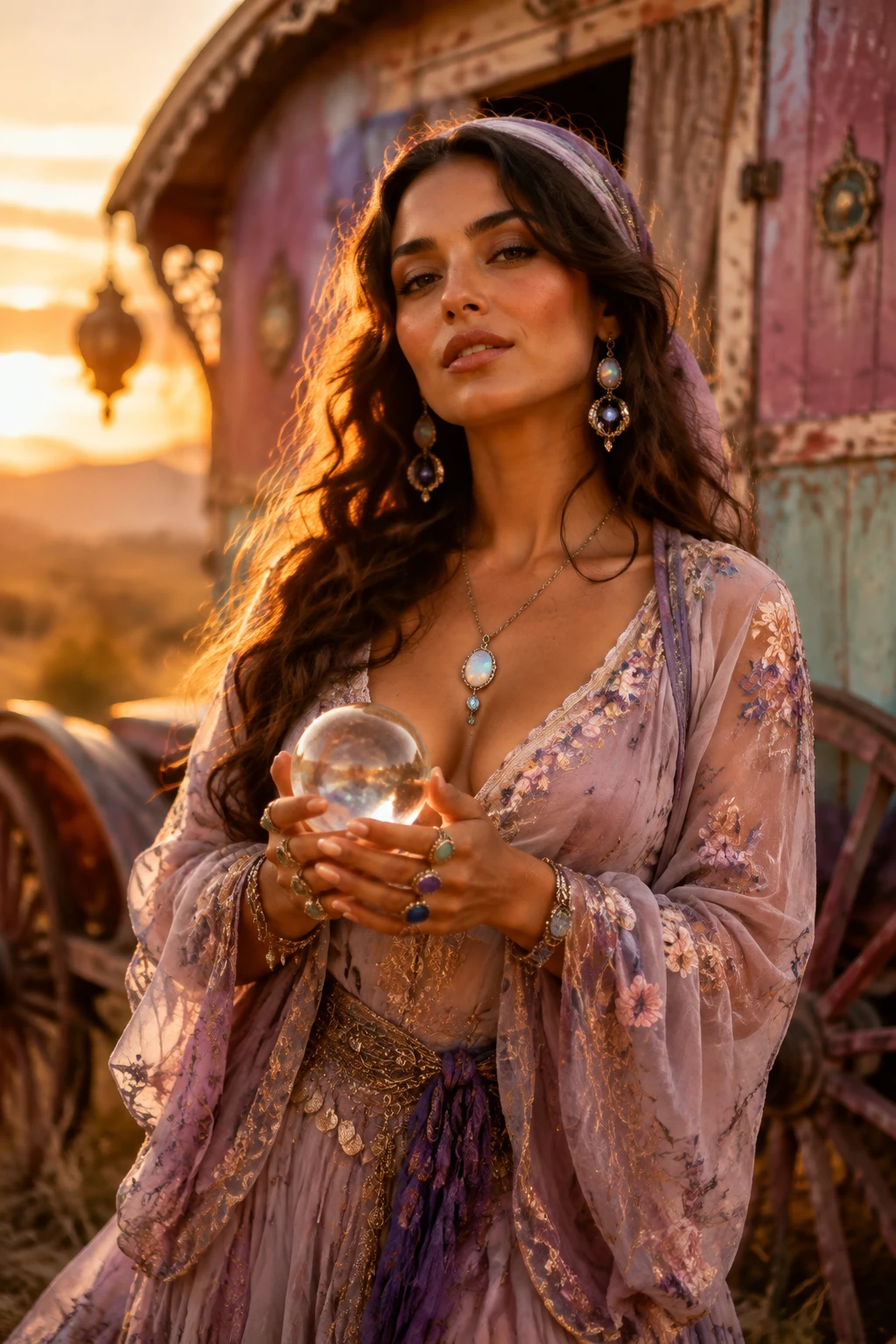 Serena hechicera gitana junto a un carro vintage en tonos pastel