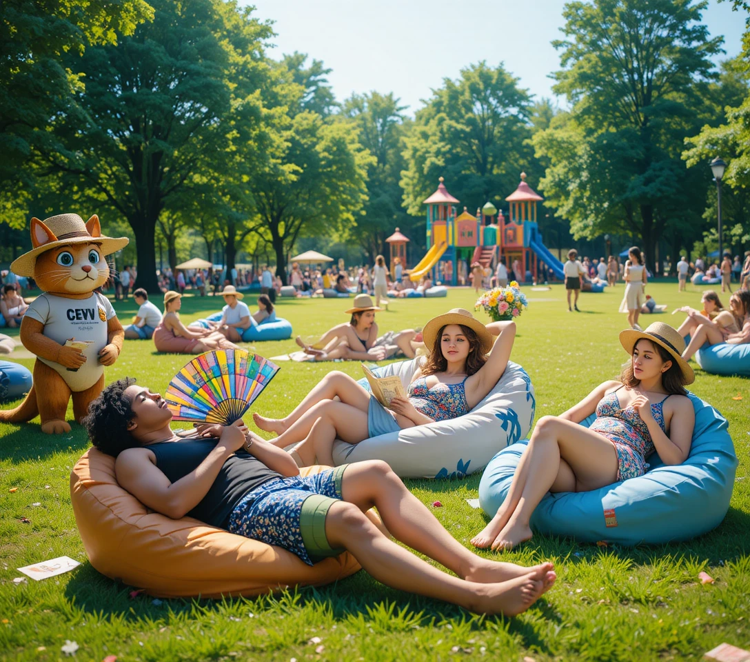 Amigos relajándose en puffes en un parque verde y soleado