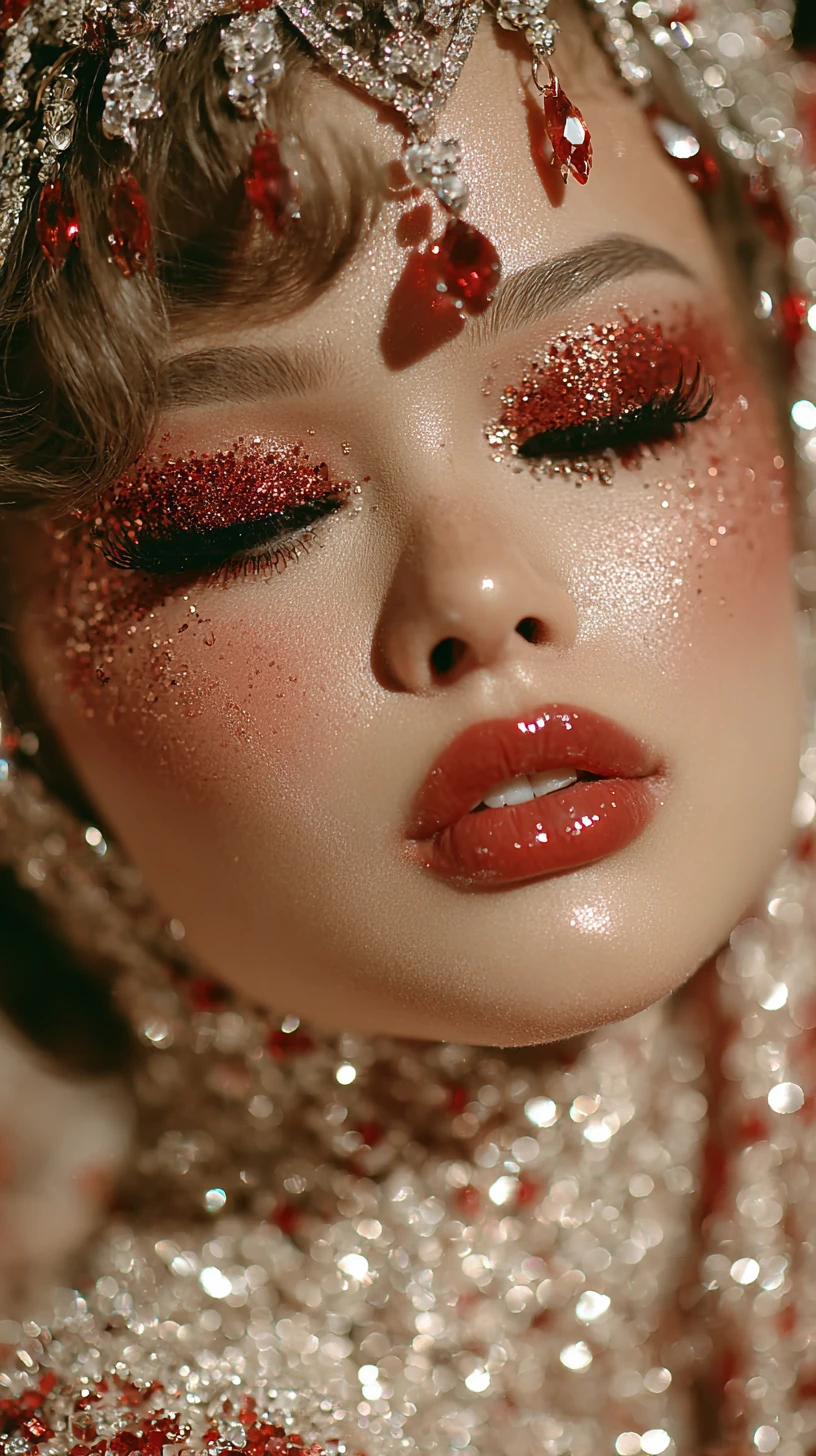 Retrato de mujer con llamativo maquillaje de ojos rojo y labios brillantes