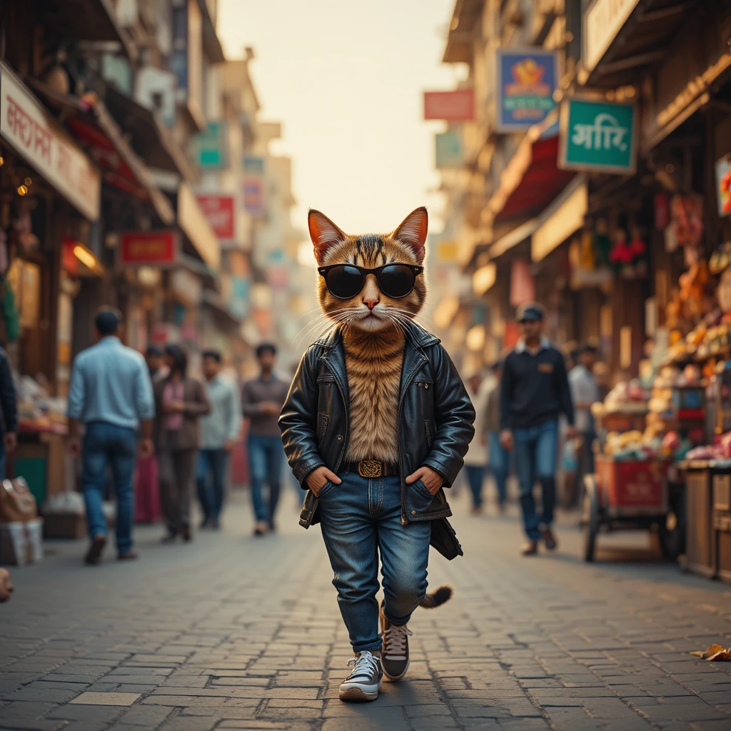 Stilvolle Straßenkatze läuft durch einen geschäftigen Markt in Delhi