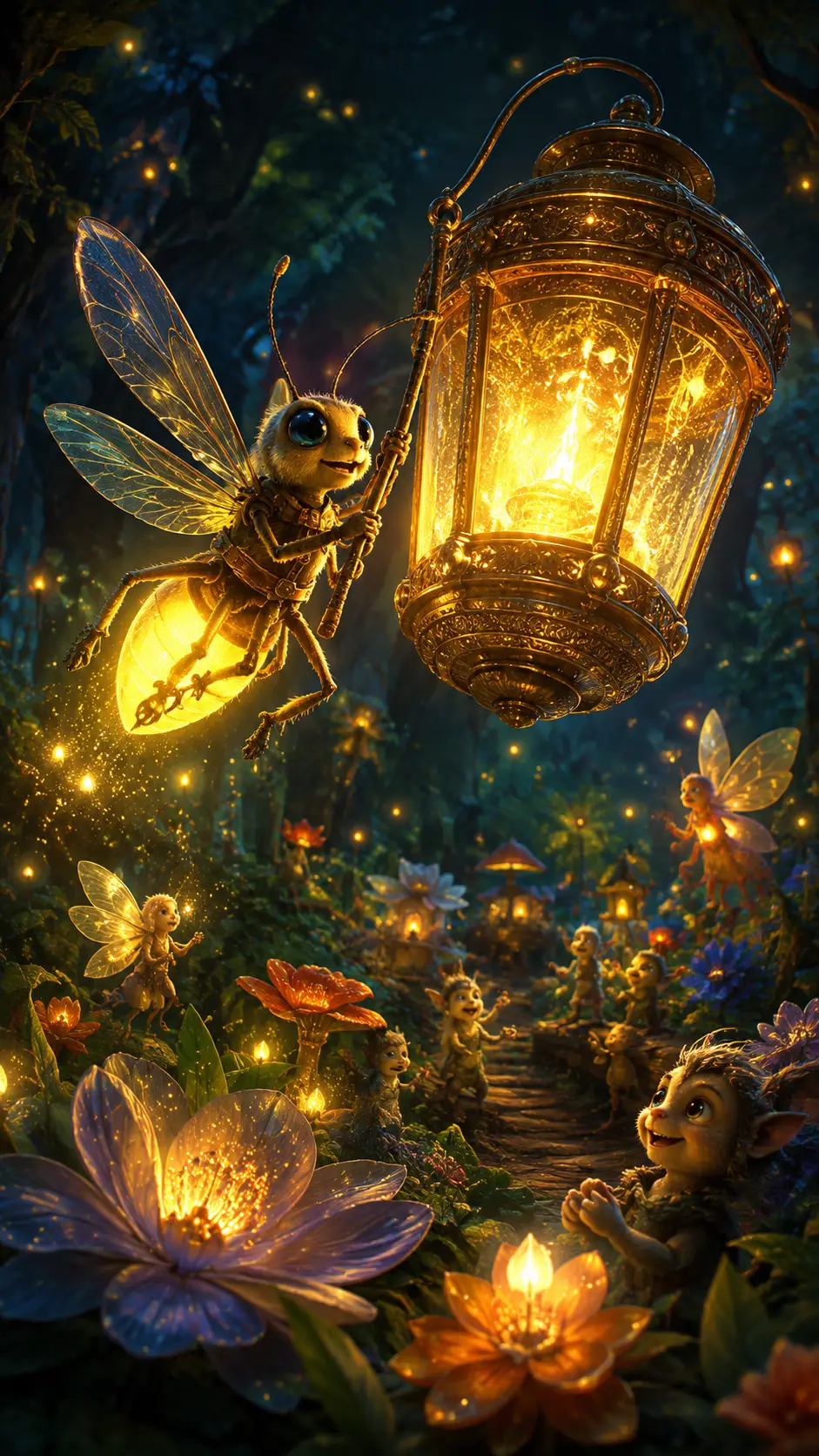 Tiny firefly with enchanted lantern in ancient fantasy forest