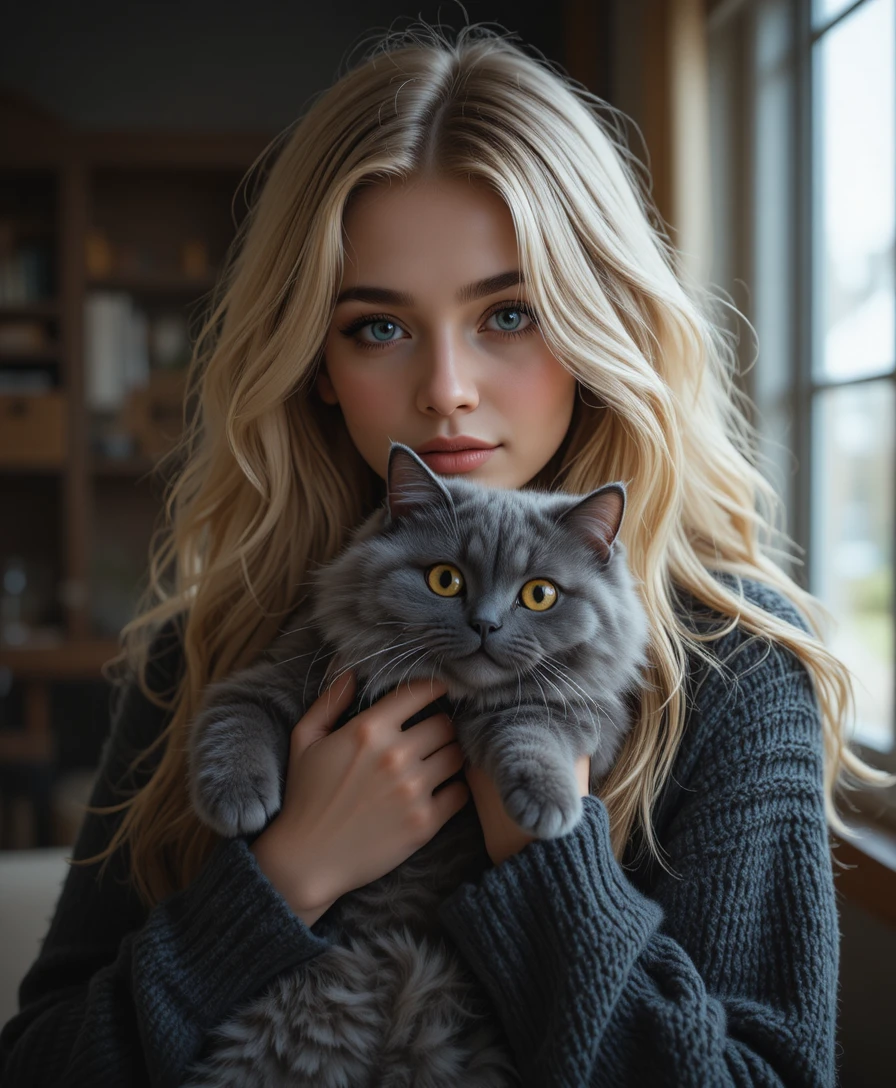 Joven mujer con gato en un acogedor retrato en interiores