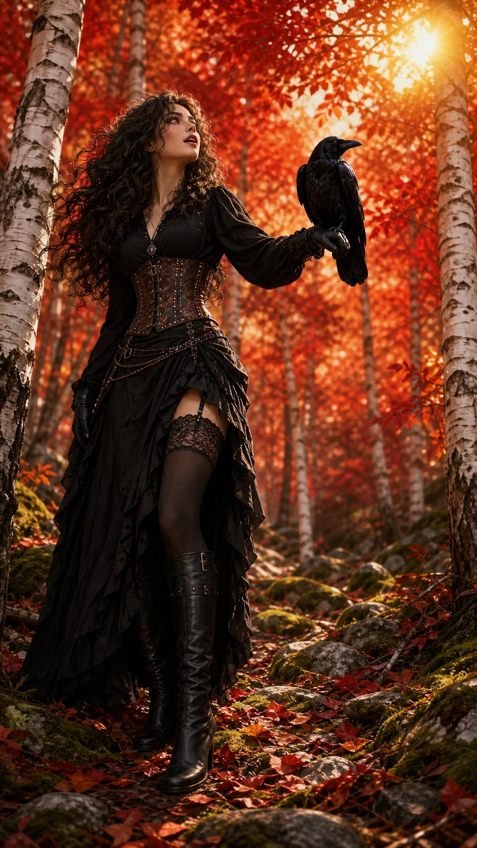 Mujer de anime de cabello oscuro con cuervo en un bosque de abedules otoñal