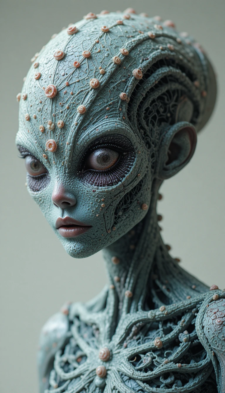 Figura alienígena con filamentos brillantes en forma de pétalos que se elevan