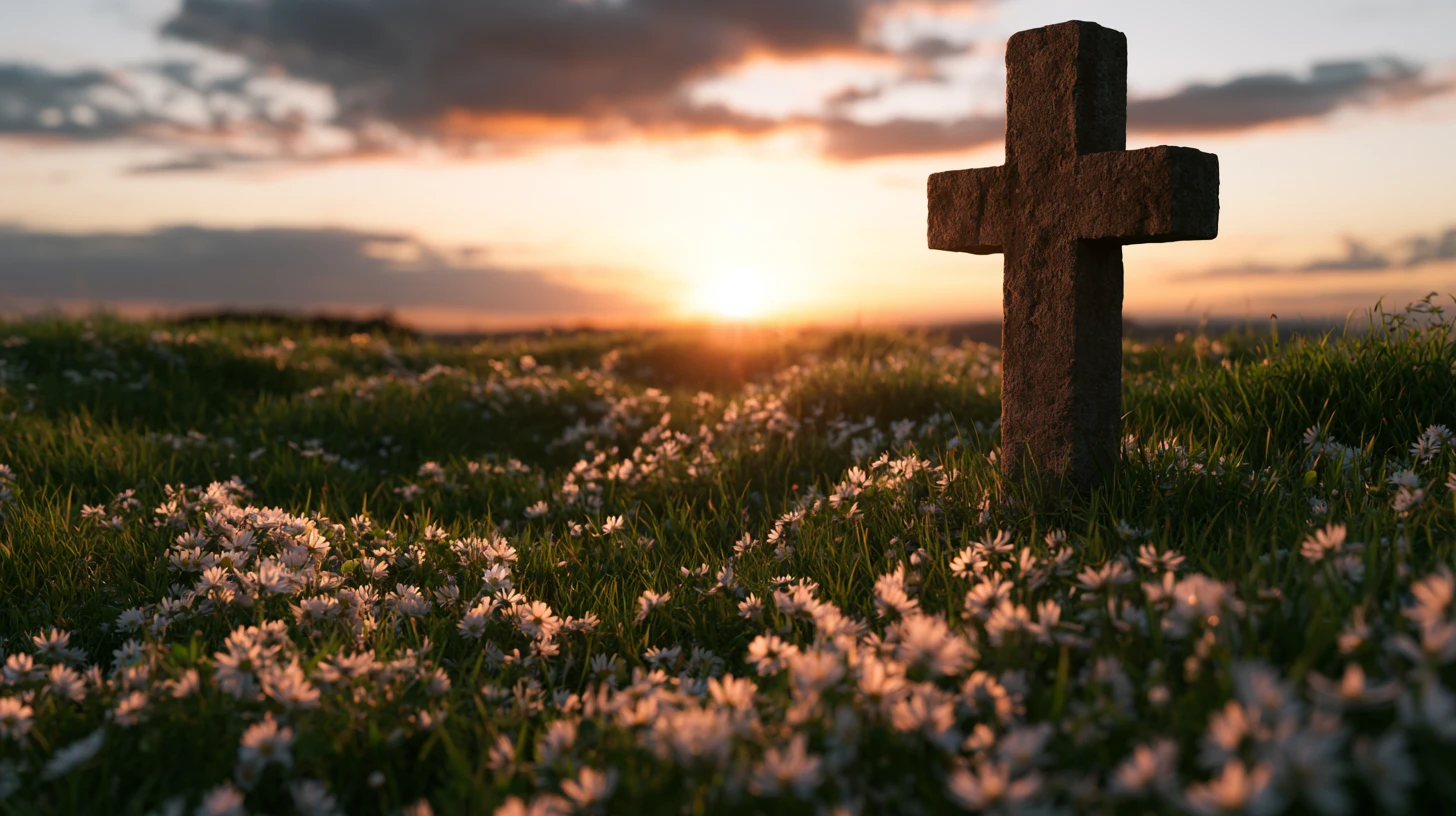 Stone cross in a daisy meadow at warm sunset light