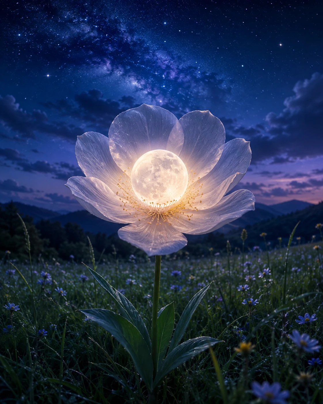 Flor luminosa a la luz de la luna en un prado verde y silencioso