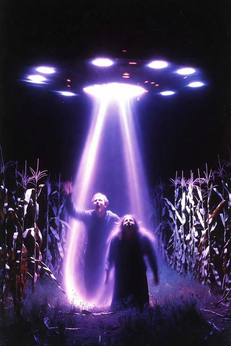 Alien abduction over eerie violet lights in a cornfield