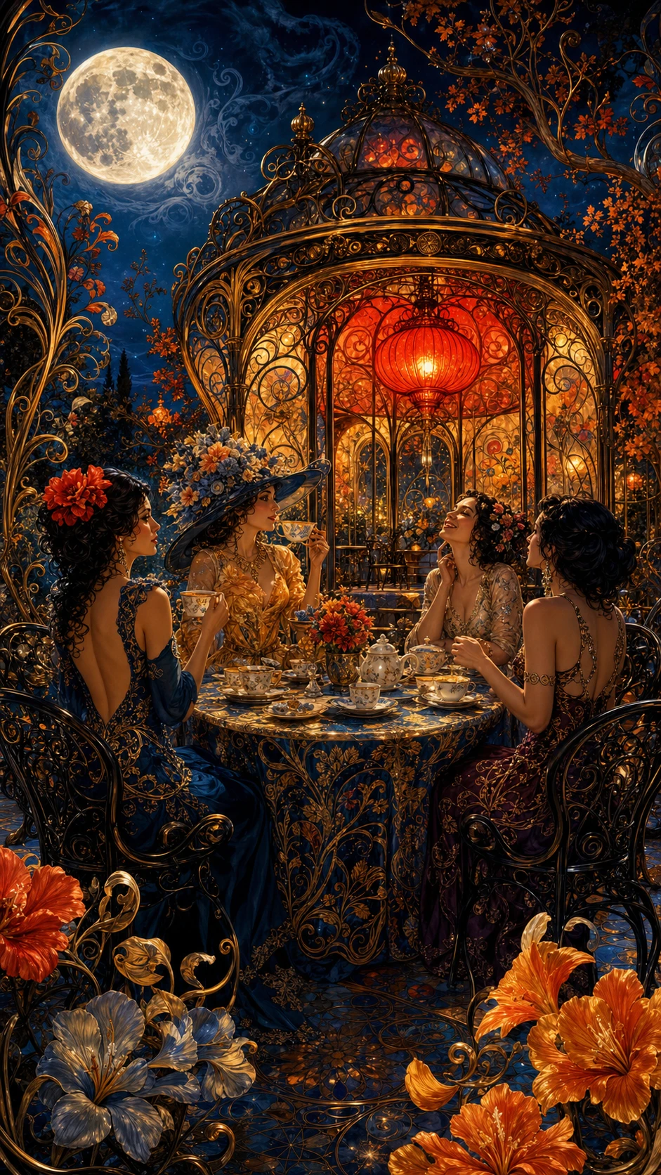 Fiesta de té a la luz de la luna en una terraza de jardín art nouveau