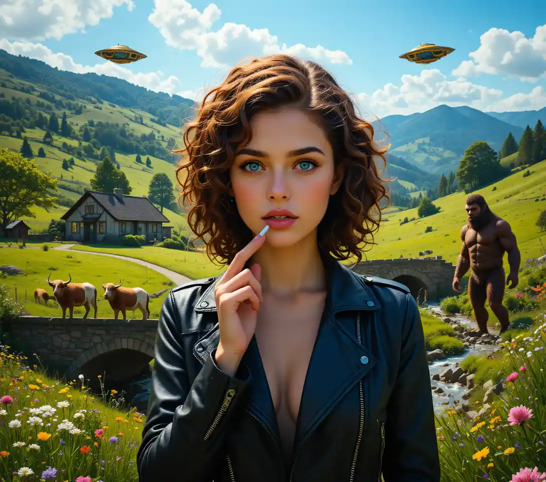 皮夾克年輕女子立於超現實鄉間山谷前