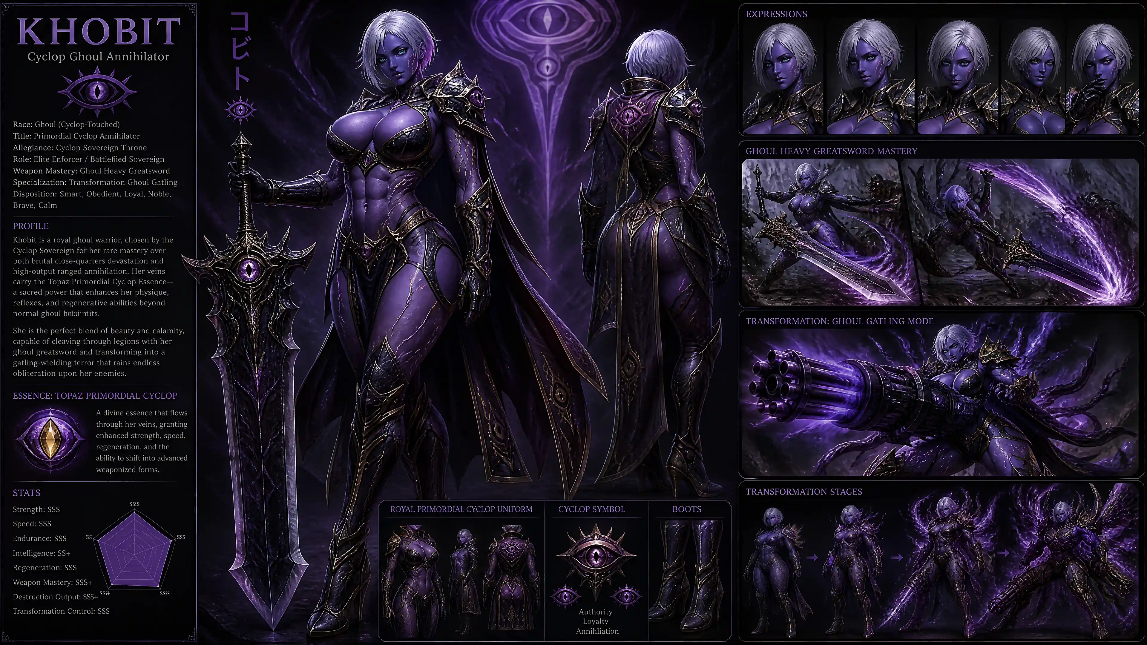 Guerrera ghoul morada con gran espada en uniforme
