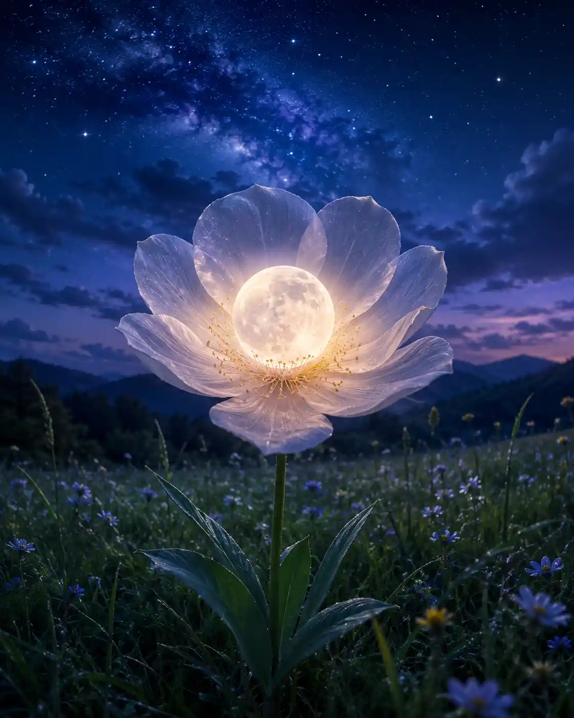 Fiore luminoso al chiaro di luna in un tranquillo prato verde