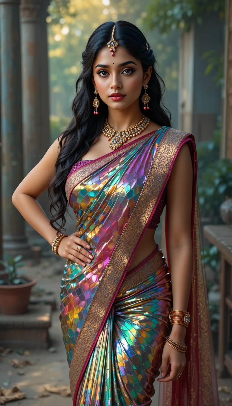 Mujer india con sari de espejo brillante y abdomen expuesto