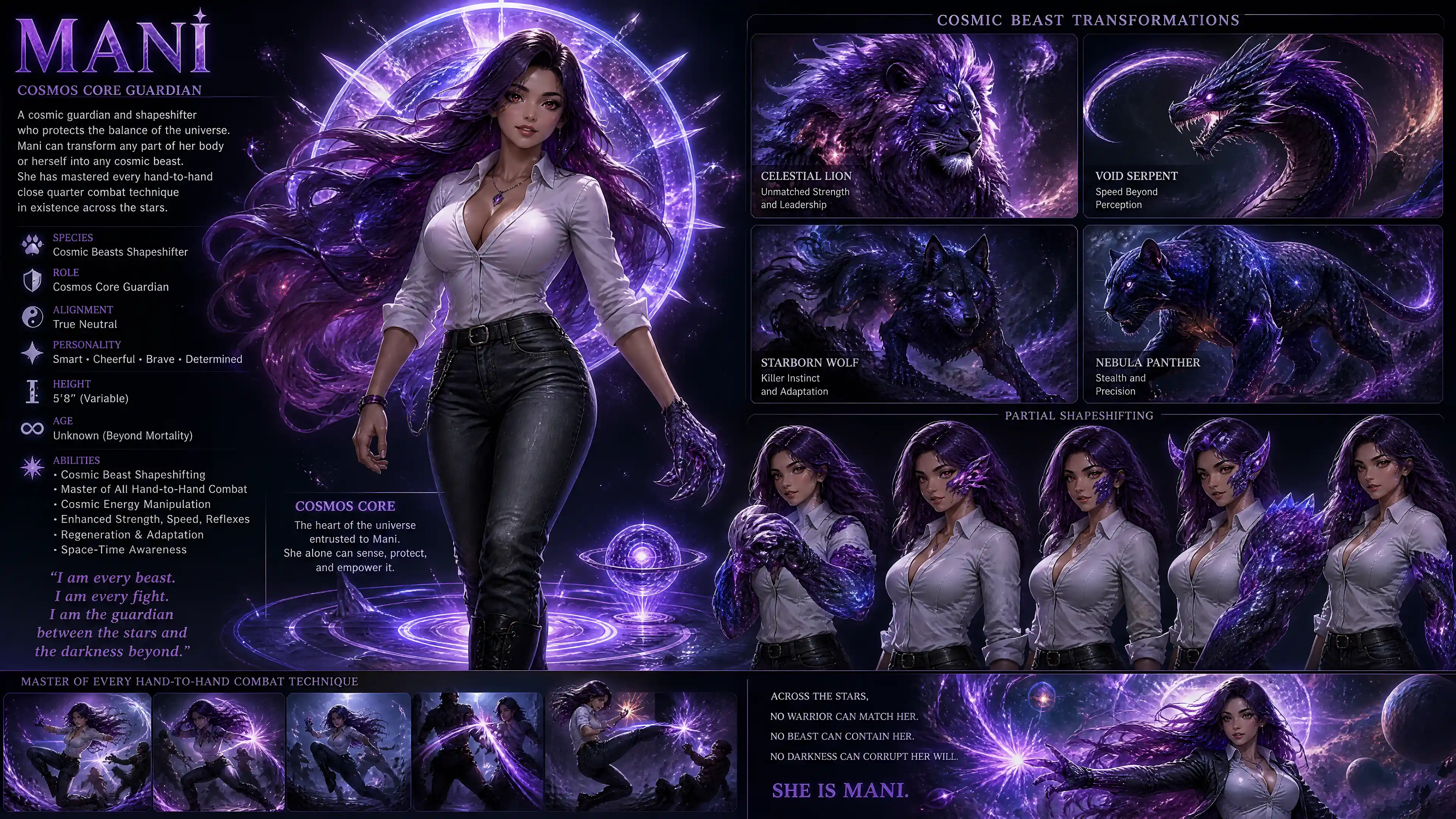 Cosmic shapeshifter woman with purple hair in casual outfit
