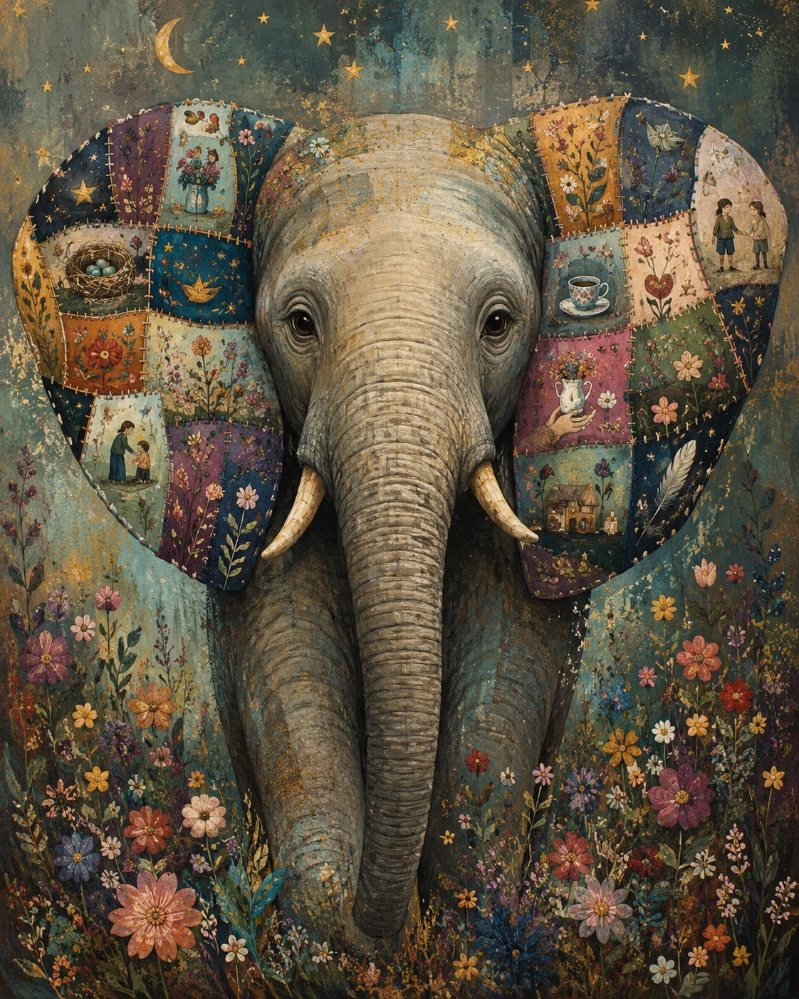 Elefante gentile con orecchie a patchwork colme di piccoli ricordi