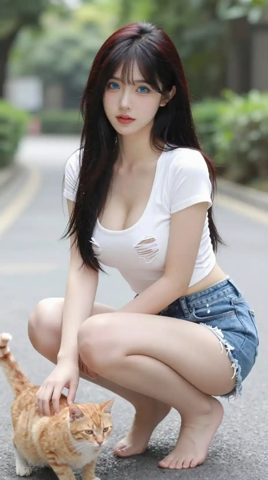 Asian girl squatting on sunny street petting orange cat