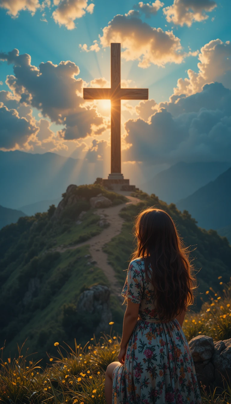 Mujer contemplando un amanecer radiante desde una colina con cruz