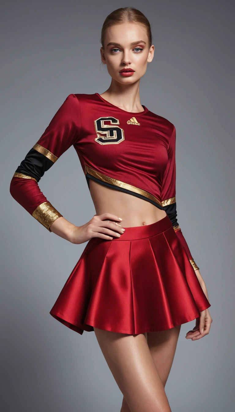 Confident beauty queen in luxury sports couture editorial pose