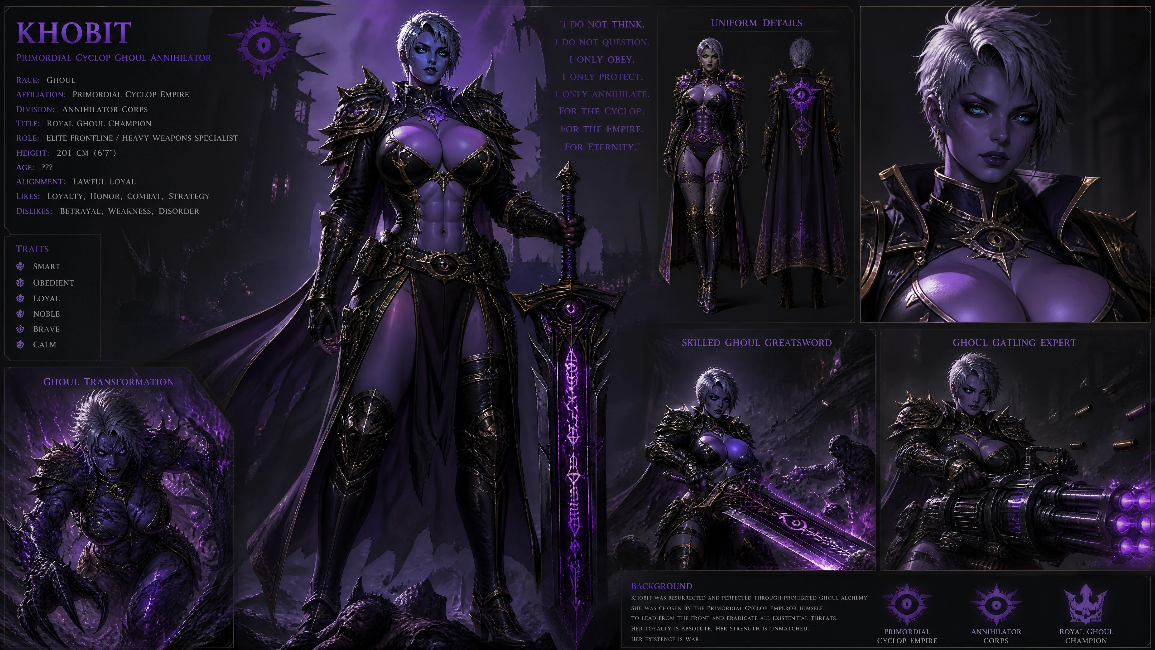 Guerrera ghoul morada con armadura real de batalla