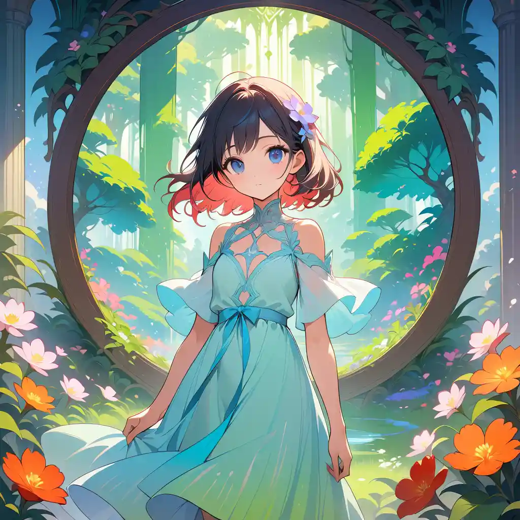 青々とした草花に包まれた静かな花園の少女