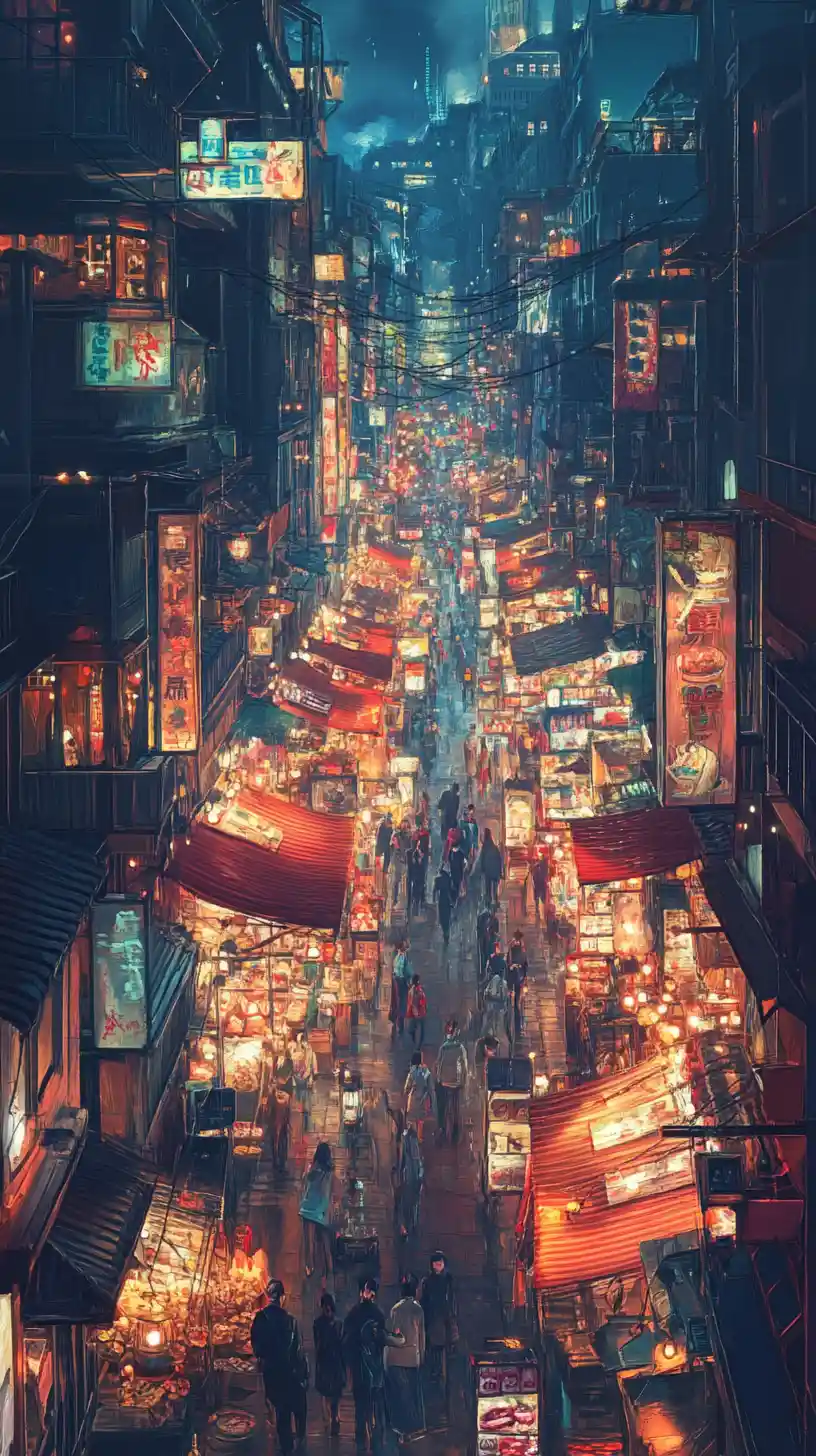 Calle bulliciosa de mercado nocturno en una colorida ciudad de fantasía