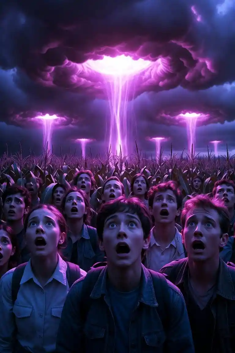 Alien abduction in a dark rural cornfield with violet glow
