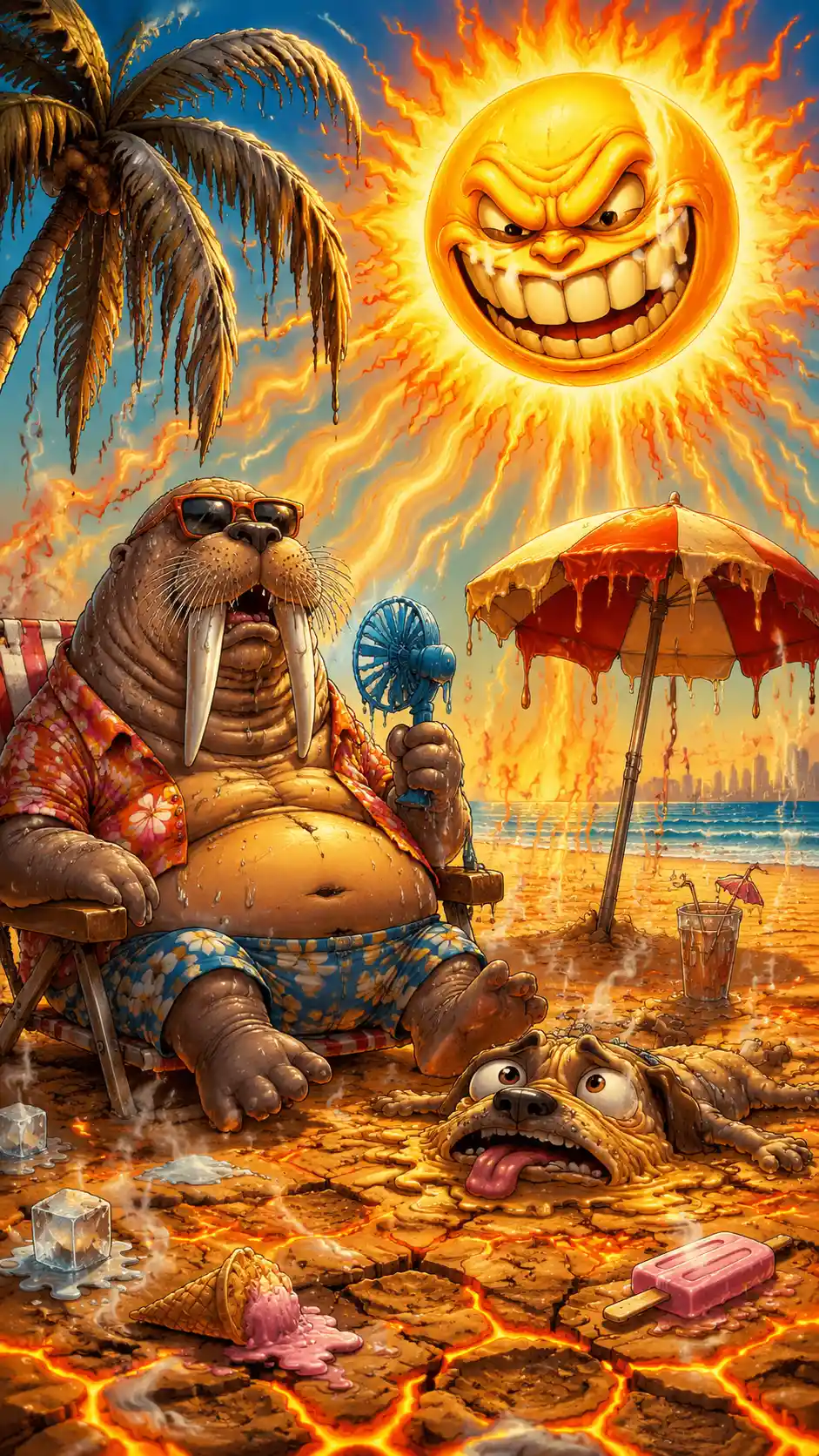 Animales de caricatura derritiéndose en una ardiente playa soleada