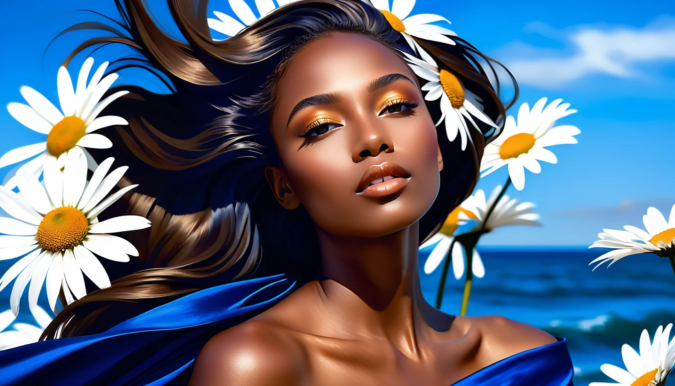 Mujer afroamericana con seda azul fluida y margaritas