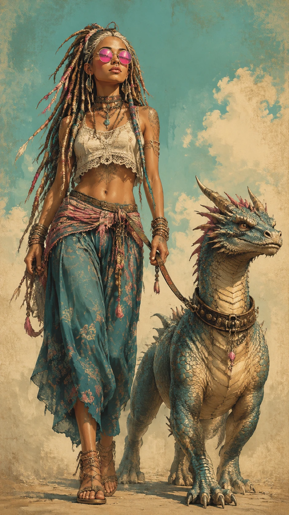 Mujer boho paseando con un dragón con correa en arte de fantasía