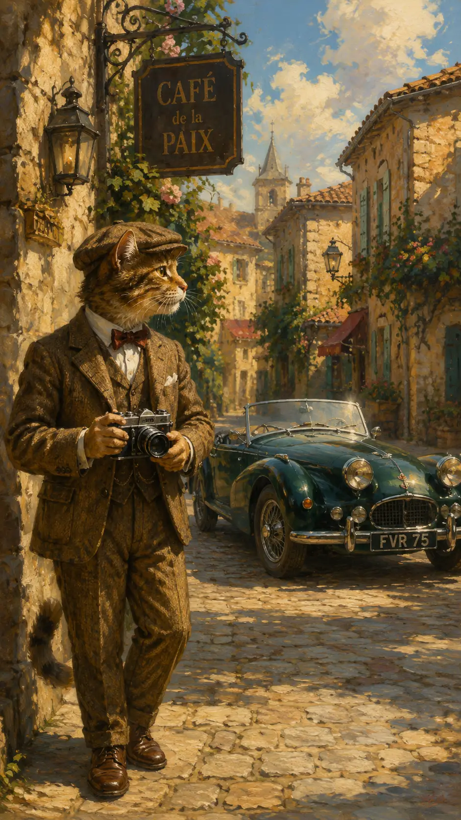 Gentleman félin avec appareil photo dans une rue pavée de village