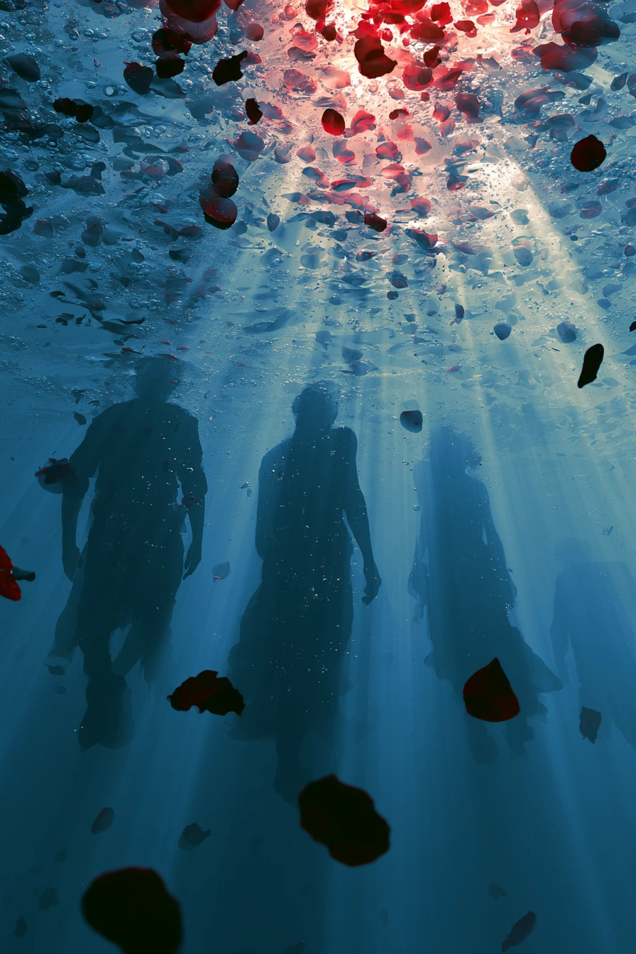 Human silhouettes drifting beneath a glowing river surface