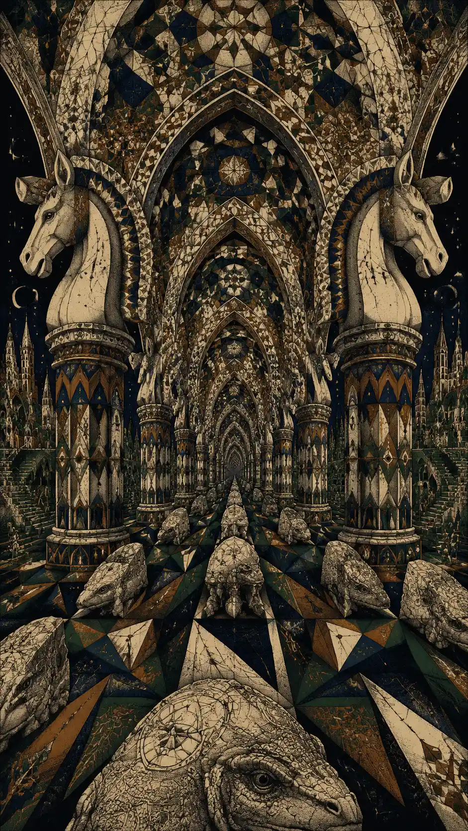 Catedral gótica surreal con interminables senderos triangulares de piedra