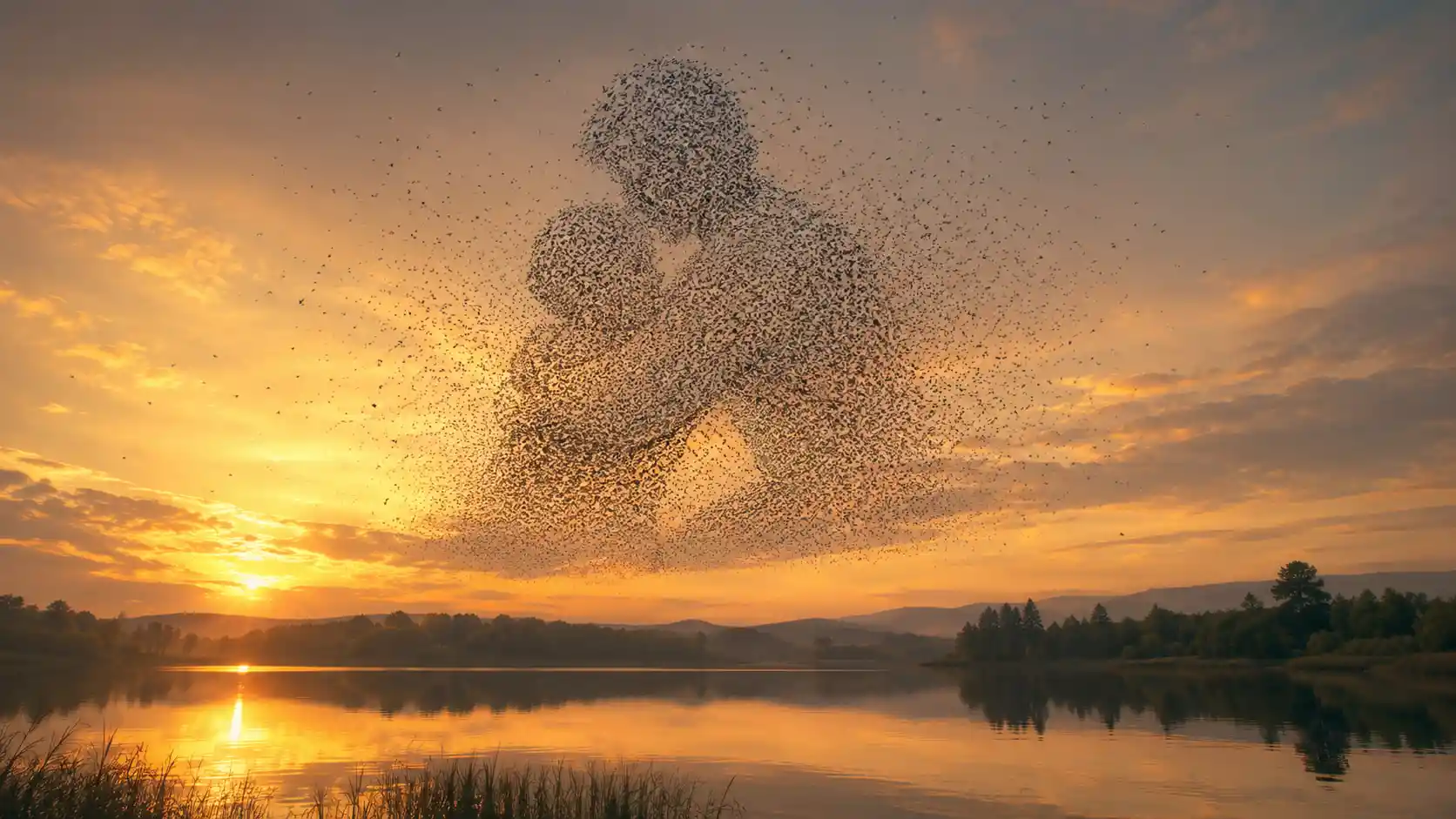 Enorme bandada de pájaros formando una silueta lejana de abrazo