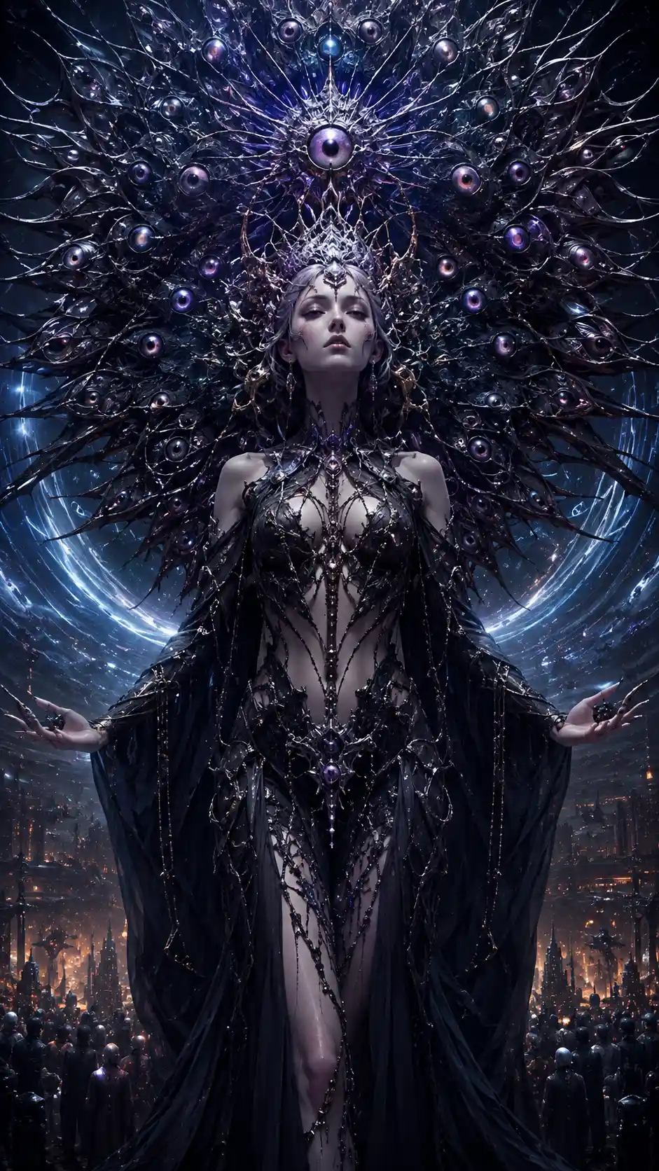 Ritratto di diva aliena davanti a un immenso mandala luminoso