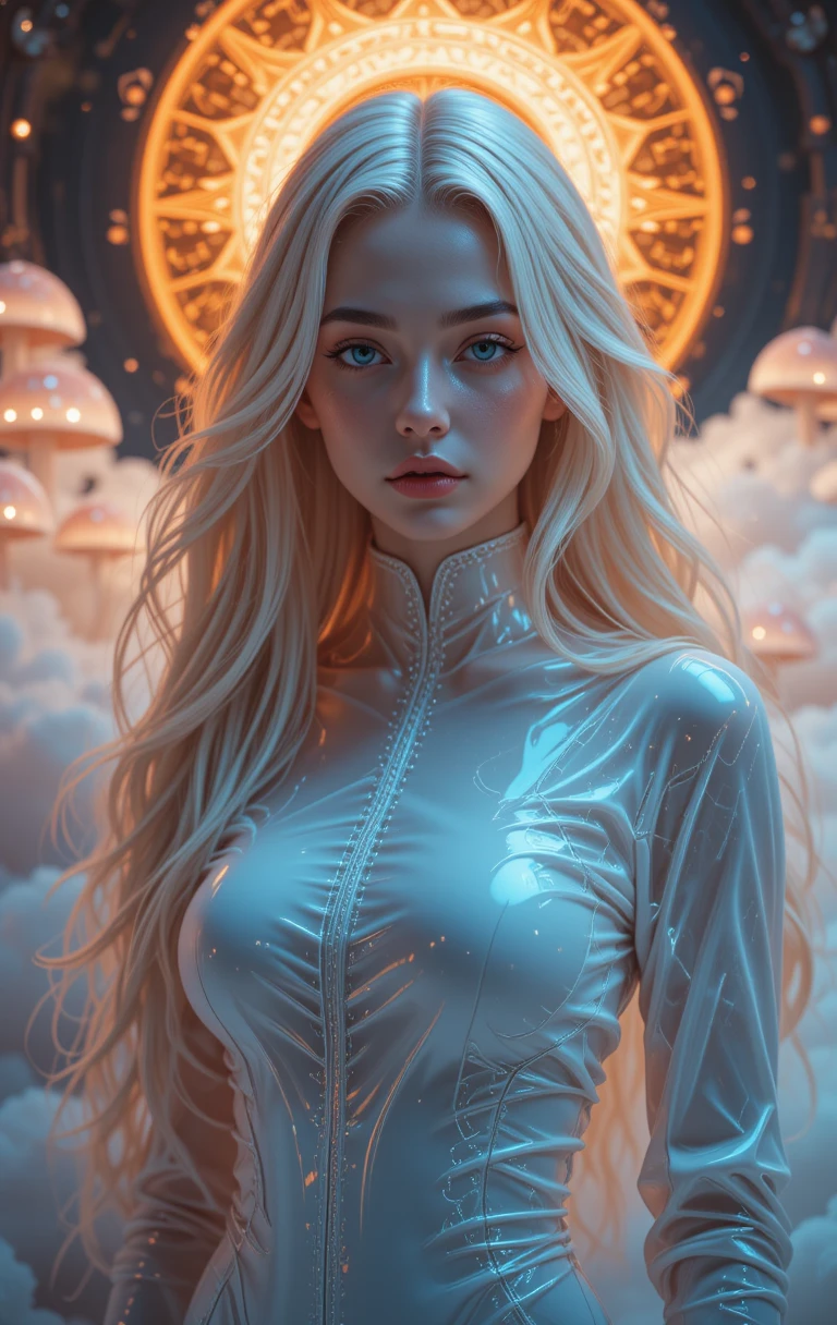 飄逸長髮的奇幻少女置身發光夢幻雲海