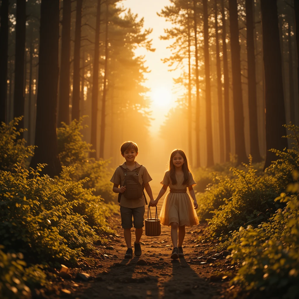 Boy and girl leaving the forest with treasure at sunrise