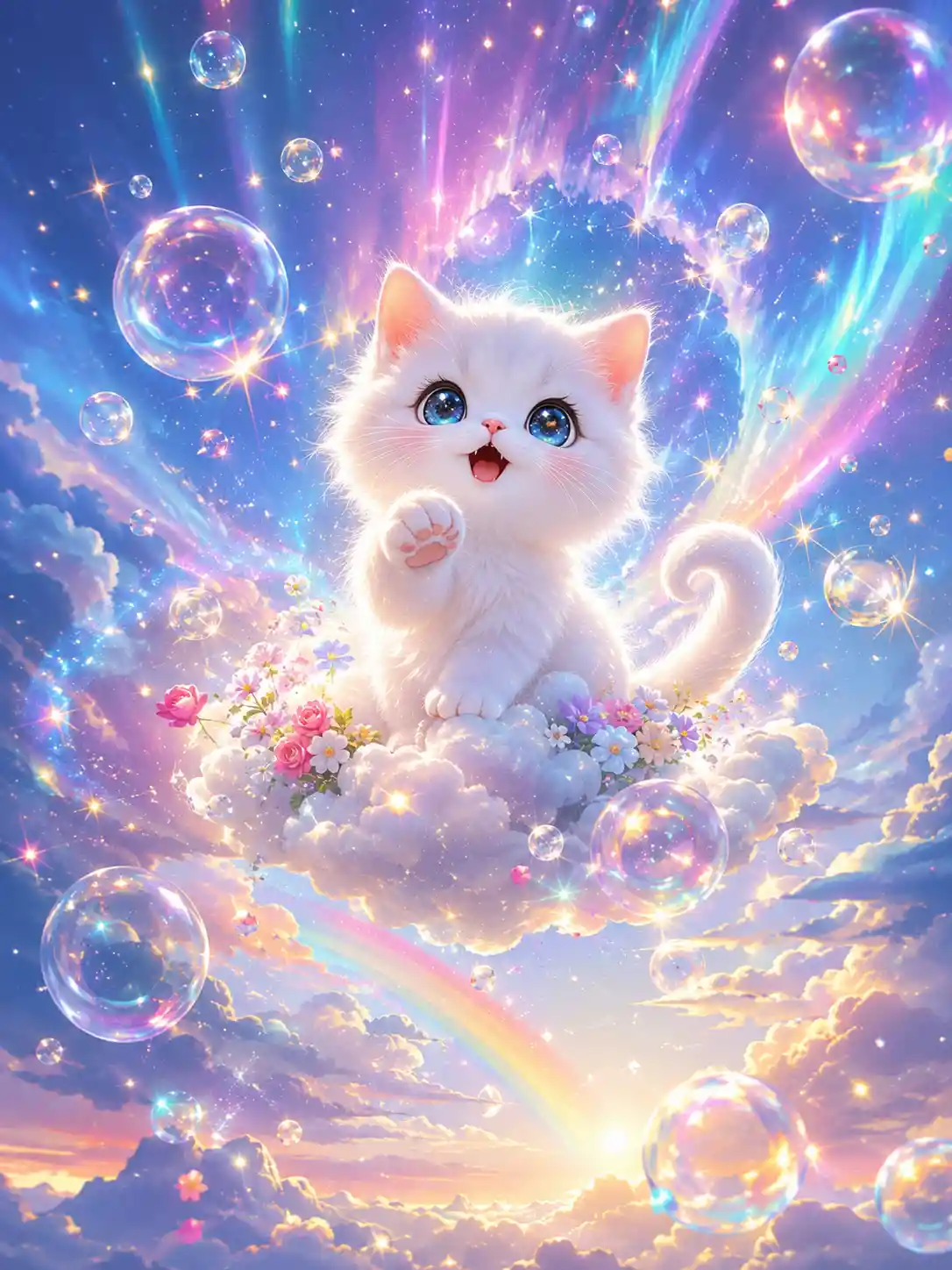 Dolce gattino bianco che fluttua su una soffice nuvola