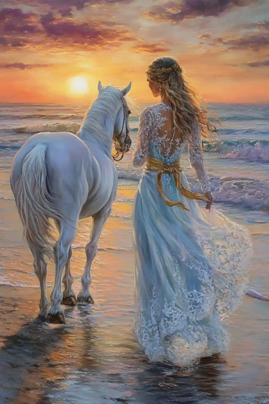 Mujer con vestido azul caminando con un caballo blanco al atardecer
