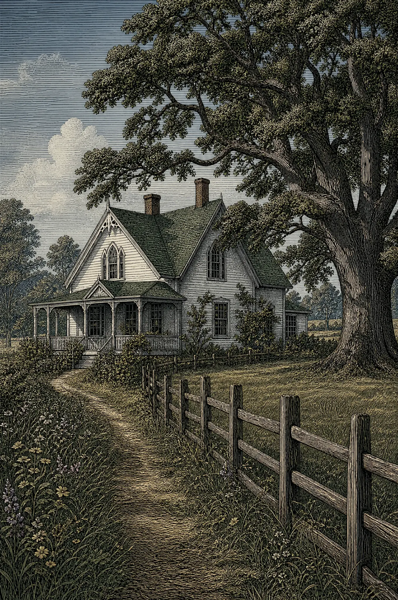 Altes Bauernhaus mit grünem Dach und hoher Eiche