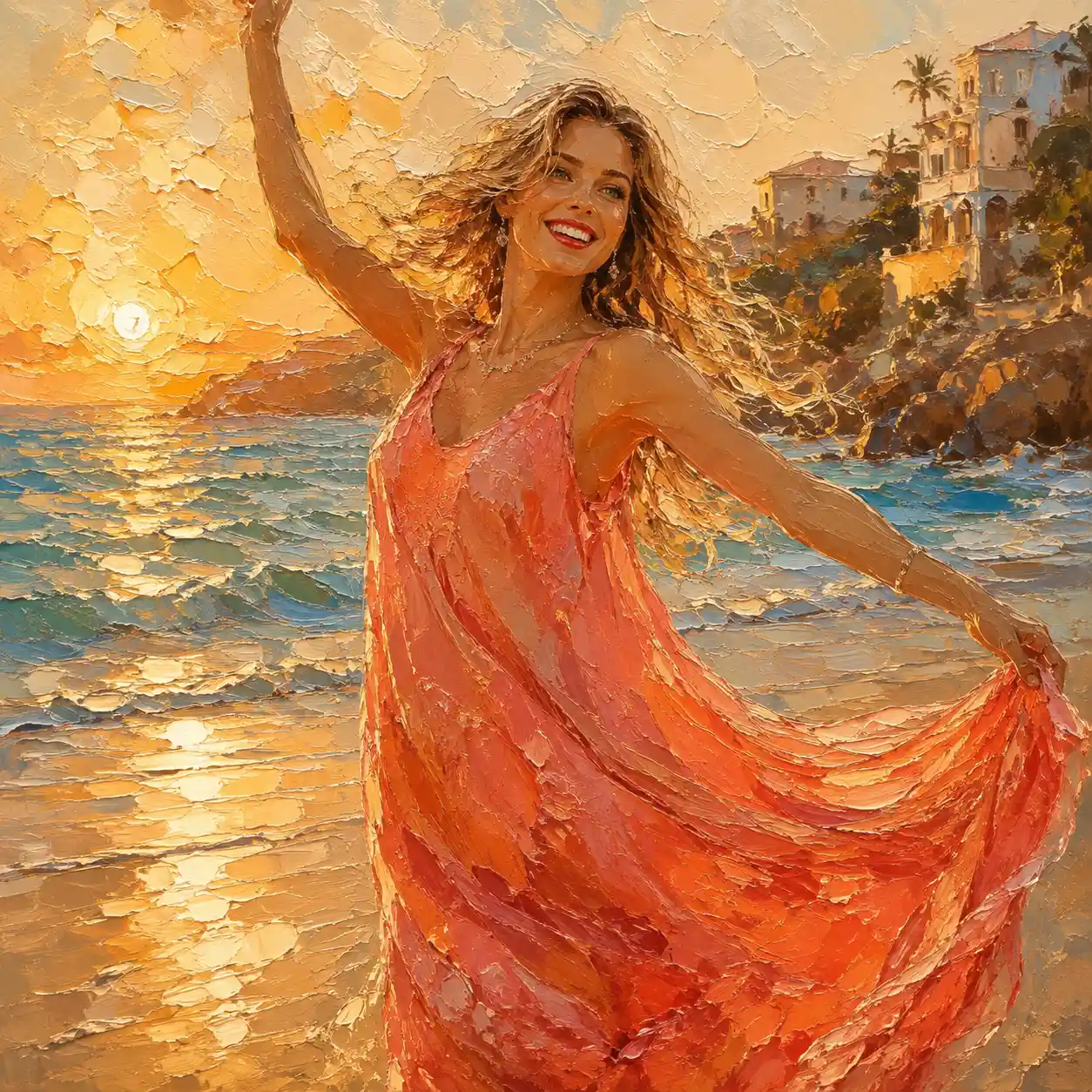 Mujer sonriente bailando en la playa con un vestido coral