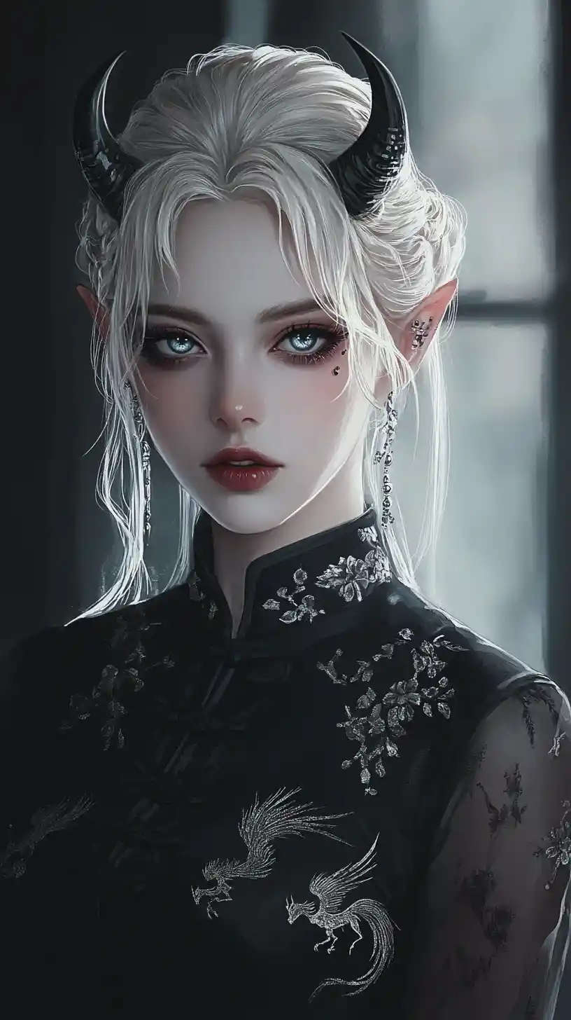 Mujer tiefling rubia platino con cheongsam negro de fénix